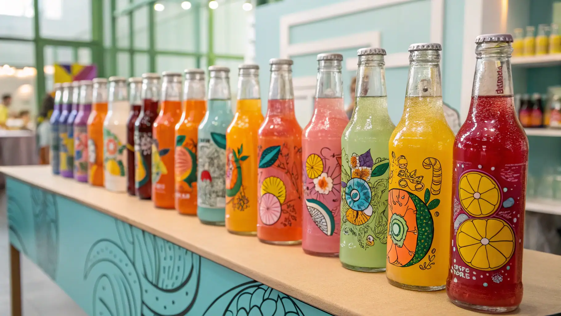 A vibrant display of colorful custom blend drinks in bottles.