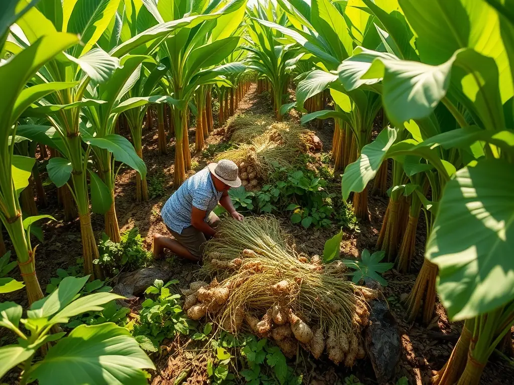 Workers harvesting kava roots in a lush green farm.